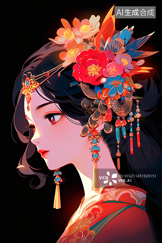 【AI数字艺术】出嫁穿戴精美头饰的古代中国风的汉服美女插画图片素材