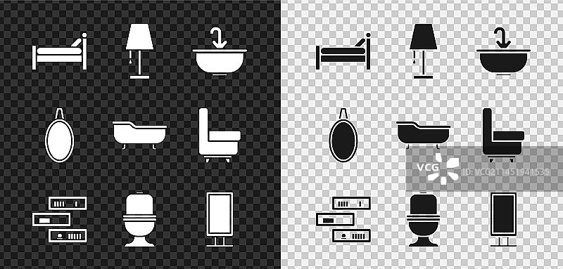 床、台灯、带水龙头的洗脸盆素材图片素材