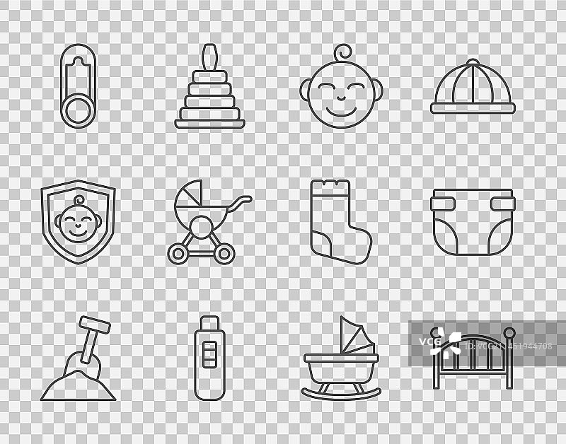 儿童用品线条素材：沙箱、沙铲、婴儿床图片素材