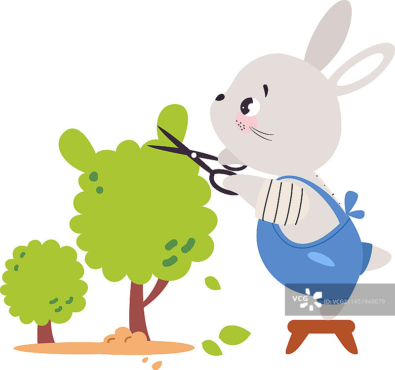 可爱的兔子园丁修剪绿色灌木丛图片素材