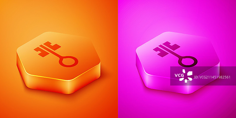 2.5D：橙色背景上的旧魔法钥匙图标图片素材