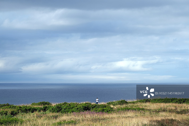 一个人站在海岸边面向大海的身影图片素材