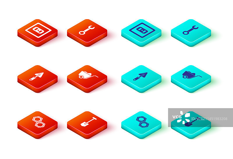 六角金属螺母、铲子、泥刀和扳手图片素材