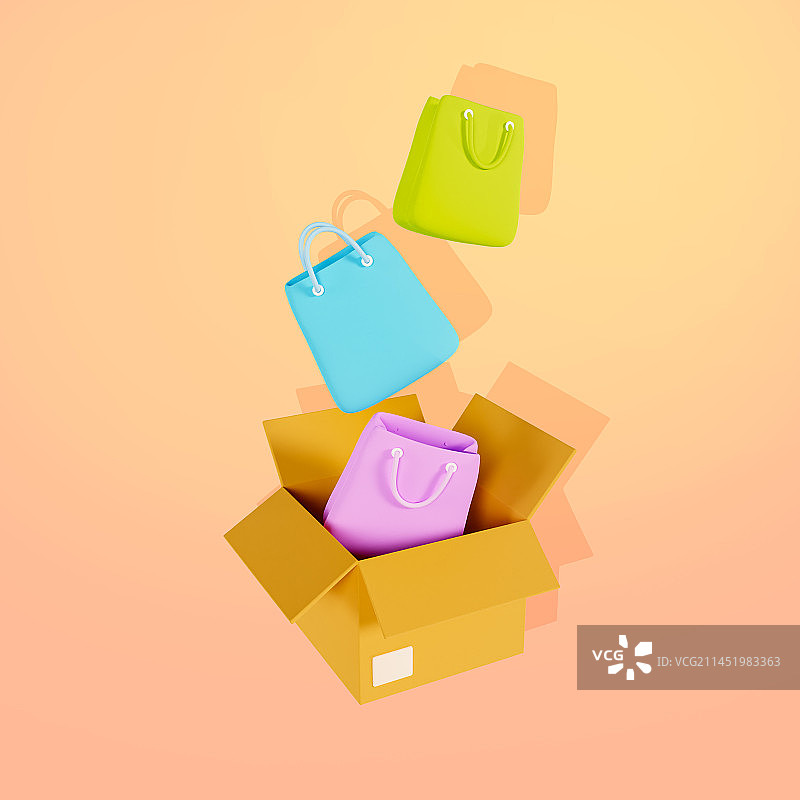 3D立体购物袋装进纸箱打包电商插画图片素材