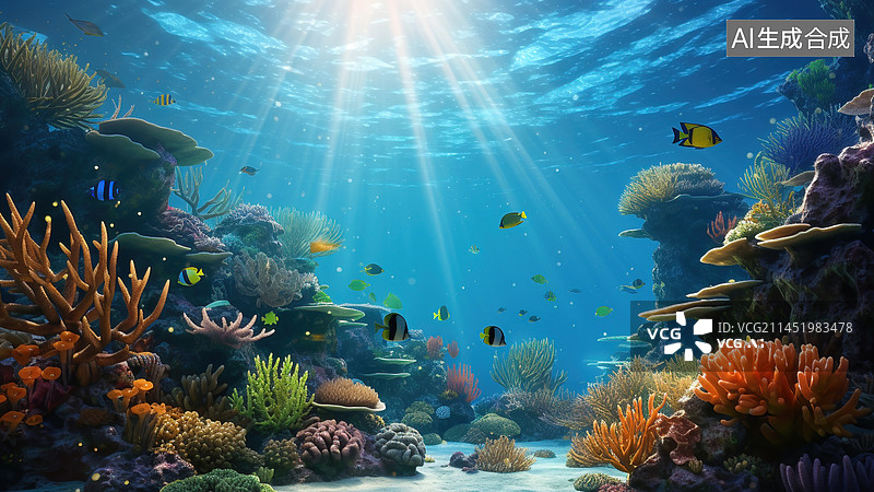 【AI数字艺术】日本排放核污水前阳光穿过海洋的热带鱼珊瑚礁海底生态环境图片素材