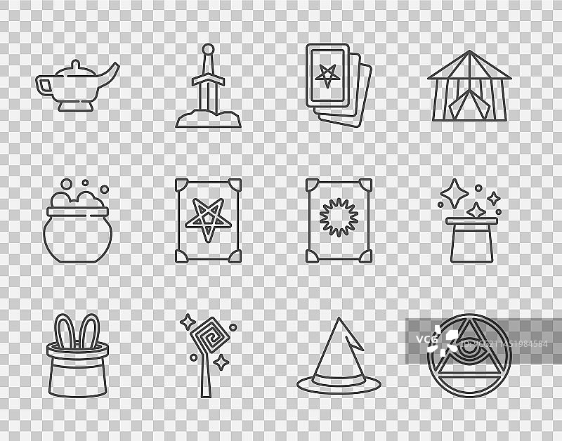 魔术师帽子和兔子耳朵泥瓦匠线条组合图片素材