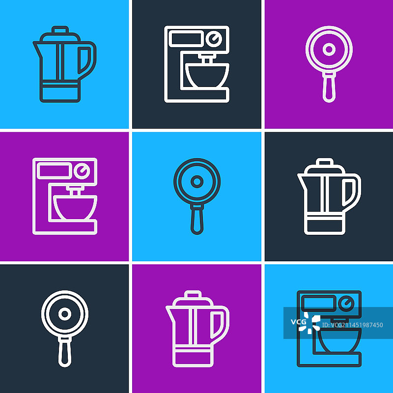 茶壶、煎锅和电动搅拌器线条组合图片素材