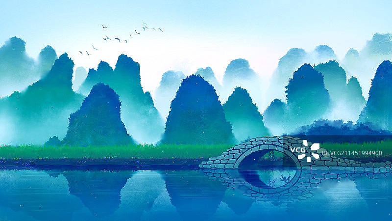 桂林寒露水墨水彩插画图片素材