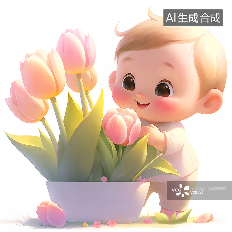 【AI数字艺术】可爱的小宝宝在看郁金香花朵盆栽3D插画图片素材