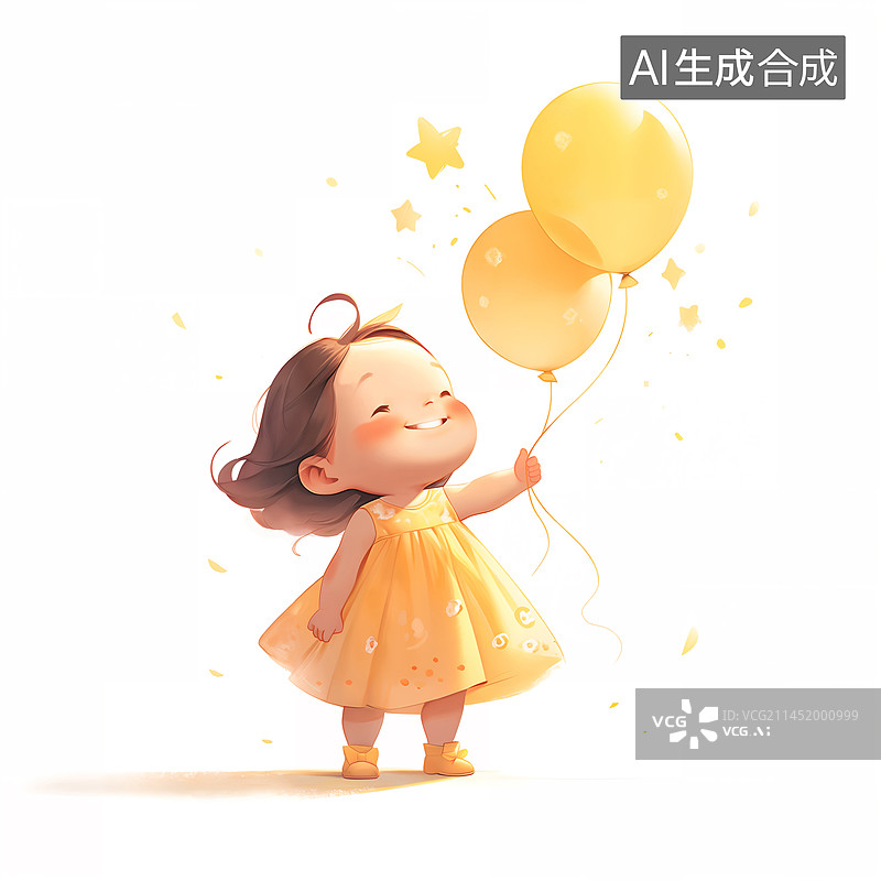 【AI数字艺术】穿黄色裙子的可爱小女孩拿着气球在玩耍插画图片素材