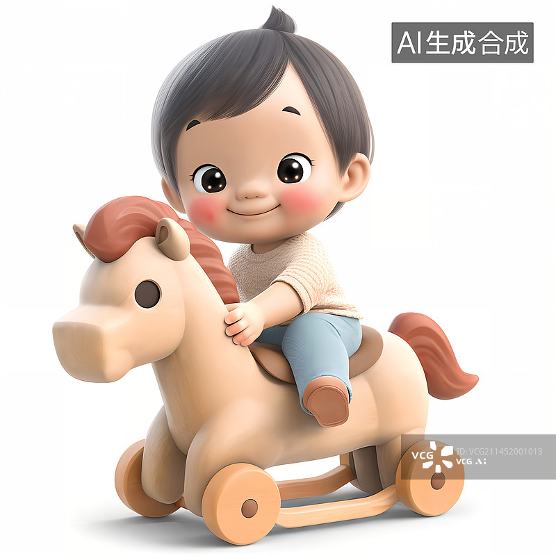 【AI数字艺术】可爱的小女孩骑着木马玩具3D插画图片素材