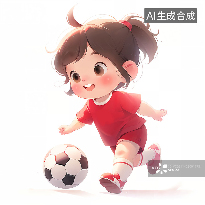 【AI数字艺术】可爱的小女孩在踢足球运动插画图片素材