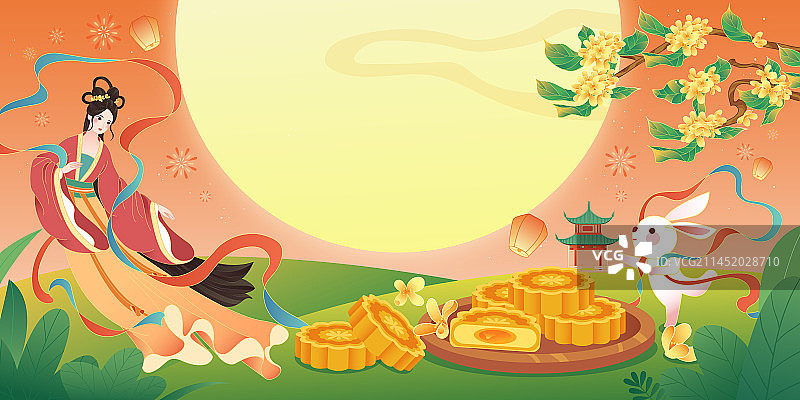 中秋节嫦娥月兔广寒宫月饼桂花矢量插画图片素材