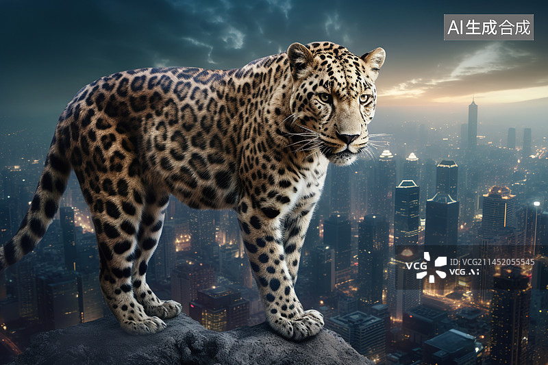 【AI数字艺术】AI生成的创意插图豹子俯瞰城市图片素材