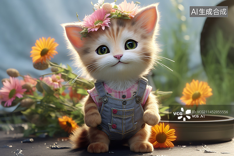 【AI数字艺术】AI生成的插画花丛中的小猫图片素材