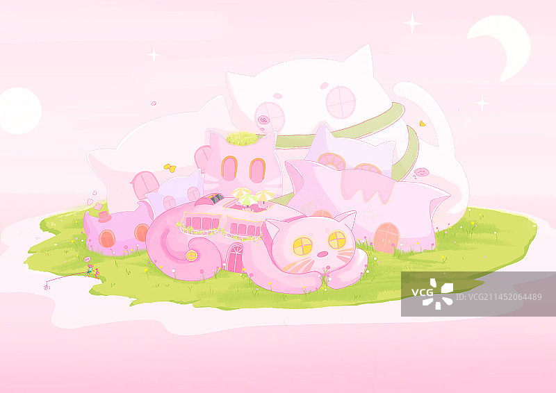 春天粉色猫咪小岛治愈系插画图片素材
