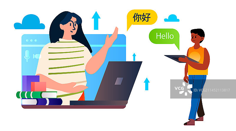女孩用笔记本电脑在线学习语言图片素材