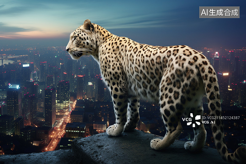 【AI数字艺术】AI生成的创意插图豹子俯瞰城市图片素材