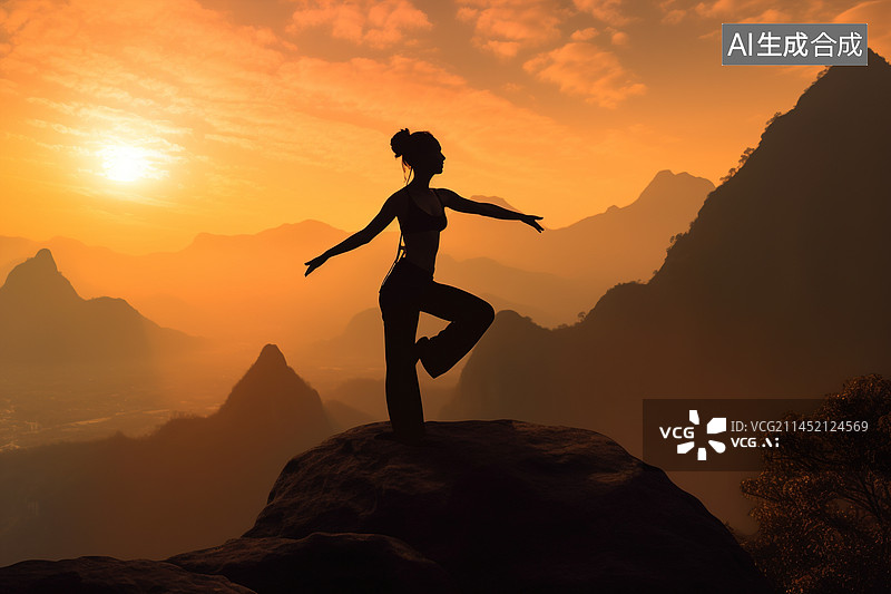 【AI数字艺术】AI生成的插图青年女人户外做瑜伽图片素材