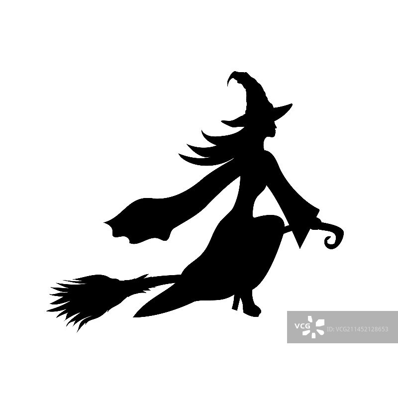 骑在扫帚上的女巫黑色剪影图片素材