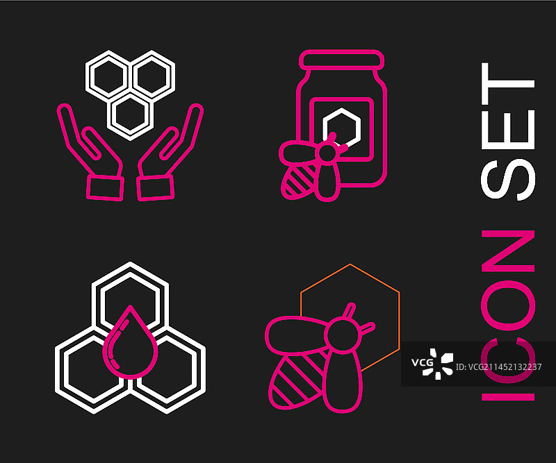 蜜蜂、蜂巢、蜂蜜罐线条设计图片素材