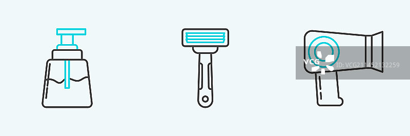 线条图标：吹风机、须后水和剃须刀图片素材