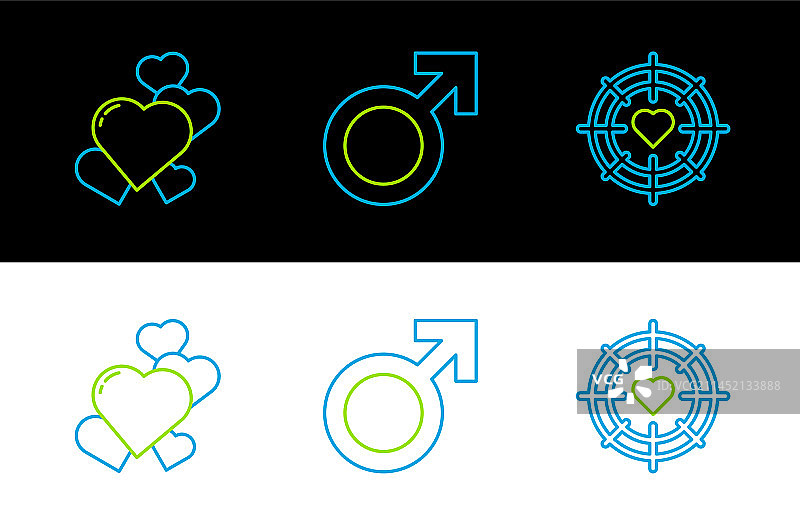 心形线条、居中飞镖靶和目标组合图片素材