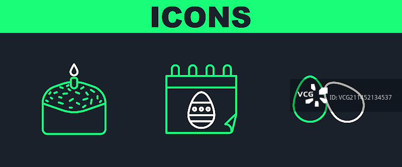 复活节彩蛋蛋糕蜡烛和日历线条设置图片素材