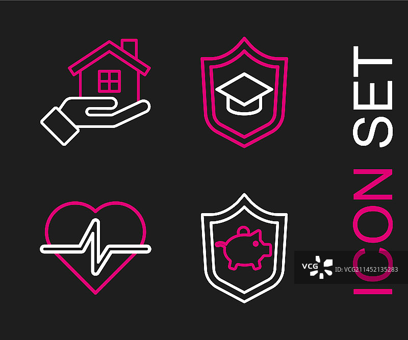 带盾牌人寿保险的储蓄罐线条图片素材