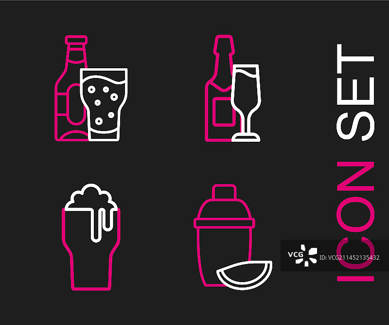 鸡尾酒调酒器、青柠和啤酒杯线条组合图片素材