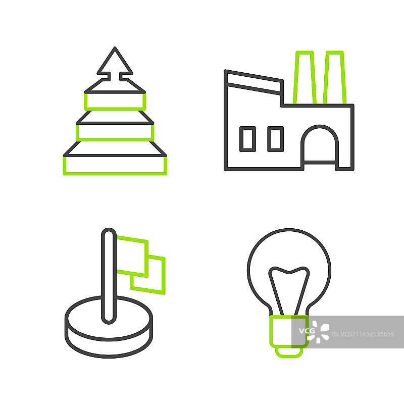灯泡、旗帜、工厂和金字塔线条图片素材