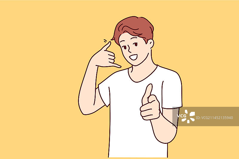 男人做出打电话的手势并指向图片素材