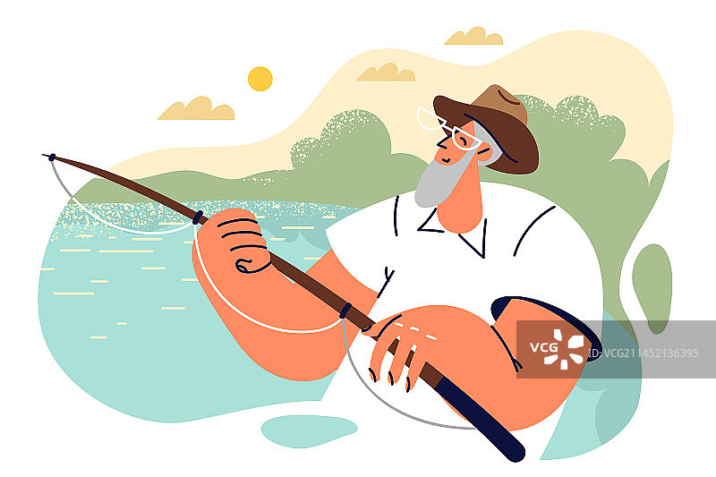 老年男人手持钓鱼竿钓鱼图片素材