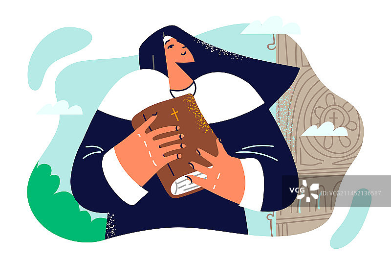 站在大教堂附近的修女与《圣经》图片素材