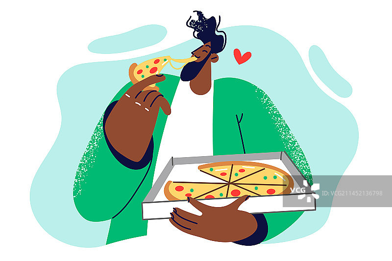 吃披萨并拿着披萨盒的非裔美国男人图片素材