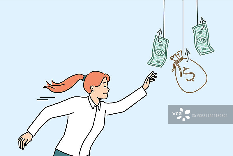 女人追逐挂在钩子上的钱图片素材