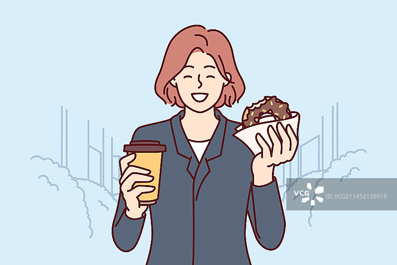 商务女商人吃早餐甜甜圈和饮品图片素材