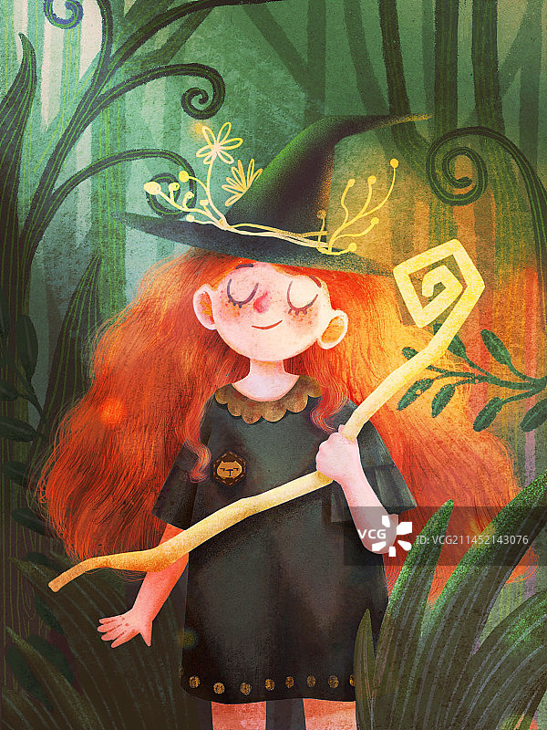 肌理风可爱红发女巫艺术插画，治愈系魔法师图片素材