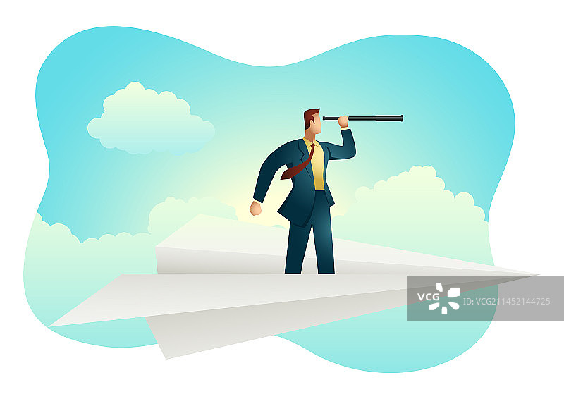 商人用望远镜观察纸飞机图片素材