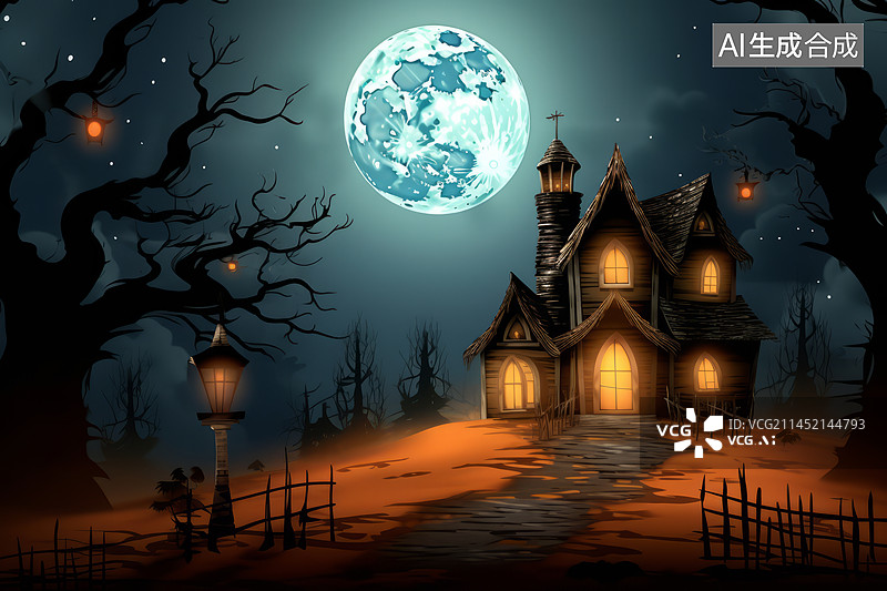 【AI数字艺术】万圣节古堡月夜背景图插画图片素材