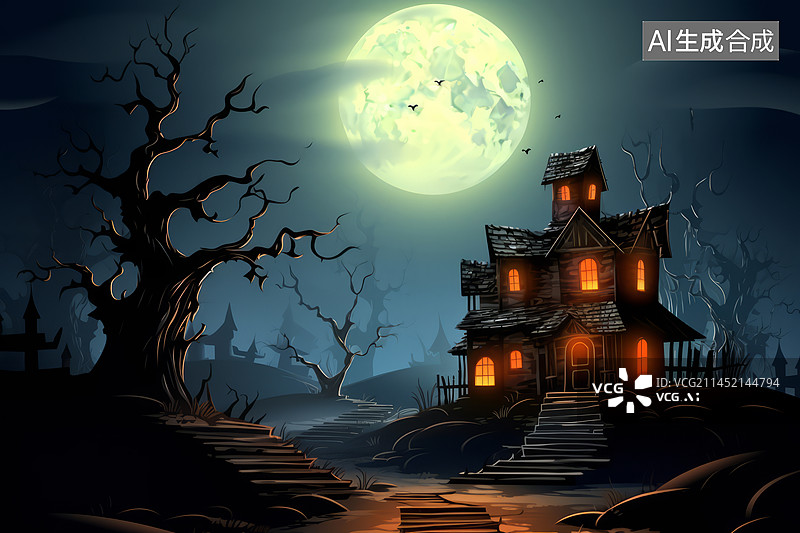 【AI数字艺术】万圣节古堡月夜背景图插画图片素材