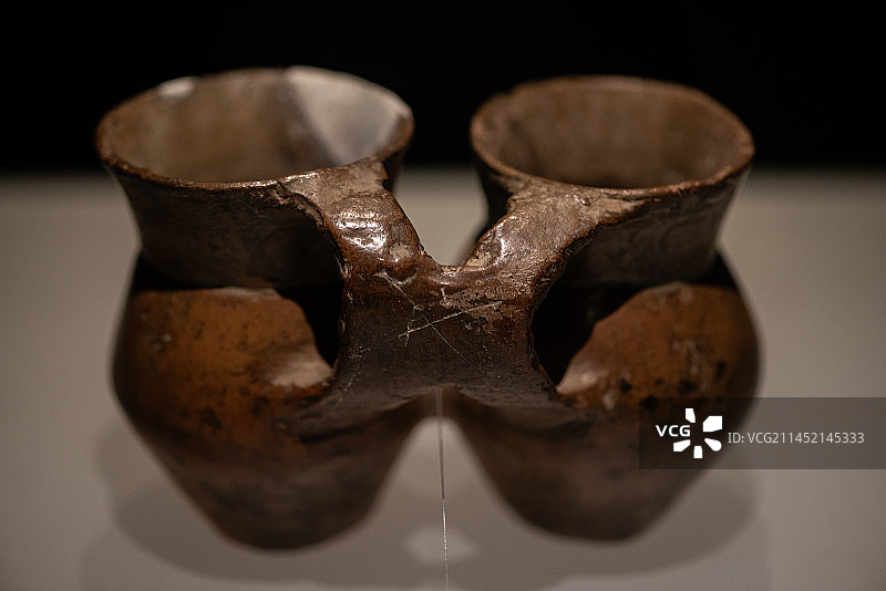 甘肃省博物馆收藏的齐家文化文物蚕纹二联陶罐图片素材