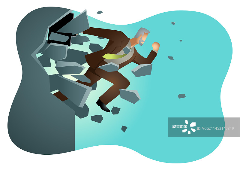 商人跳跃冲破墙壁图片素材