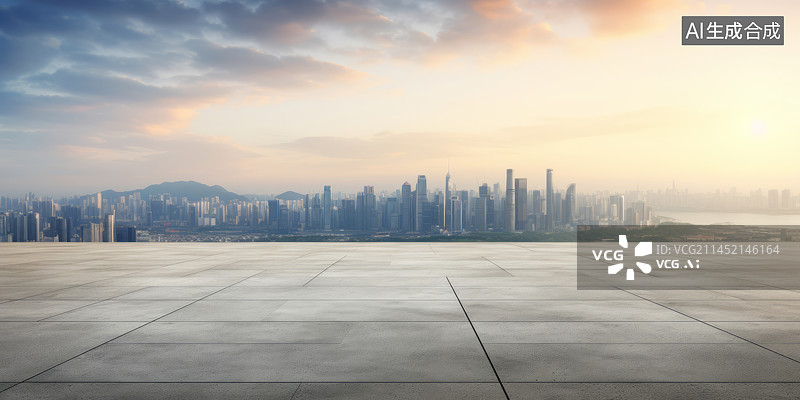 【AI数字艺术】都市风景城市天际线与广场平台地面日落背景图图片素材