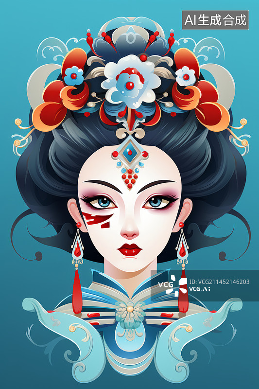 【AI数字艺术】卡通古装华丽头饰京剧角色头像图片素材