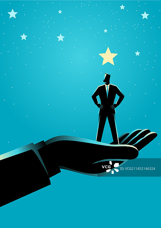 一只巨手将商人举向星空图片素材