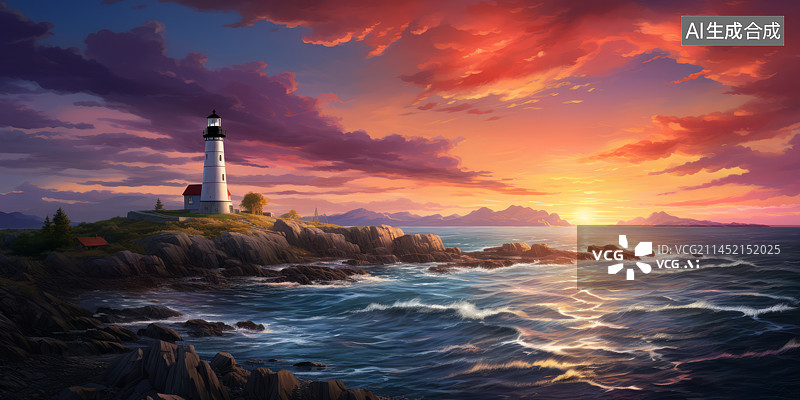 【AI数字艺术】海岸线灯塔日出日落天空火烧云插画图片素材