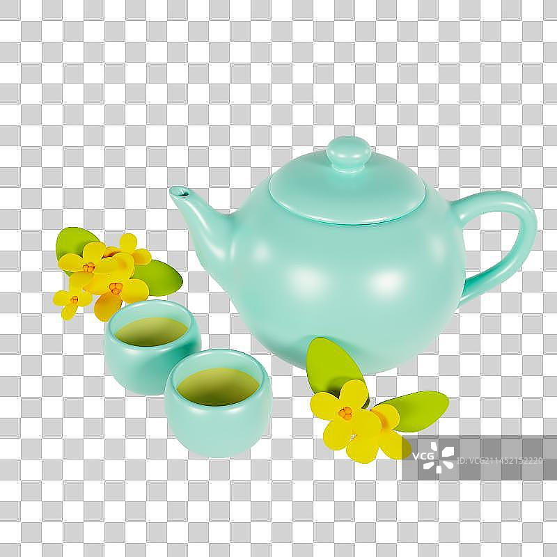 3D立体陶瓷茶壶桂花茶元素图片素材