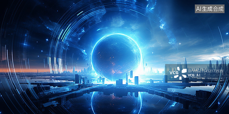 【AI数字艺术】未来城市中的未来发光星球科幻艺术概念图片素材