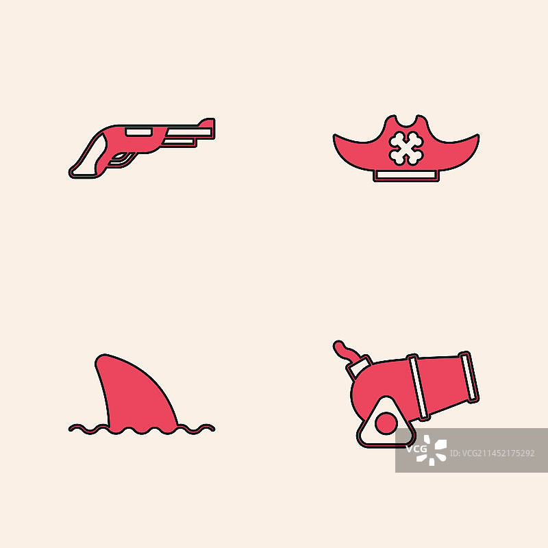 复古手枪海盗帽鲨鱼与大炮套装图片素材